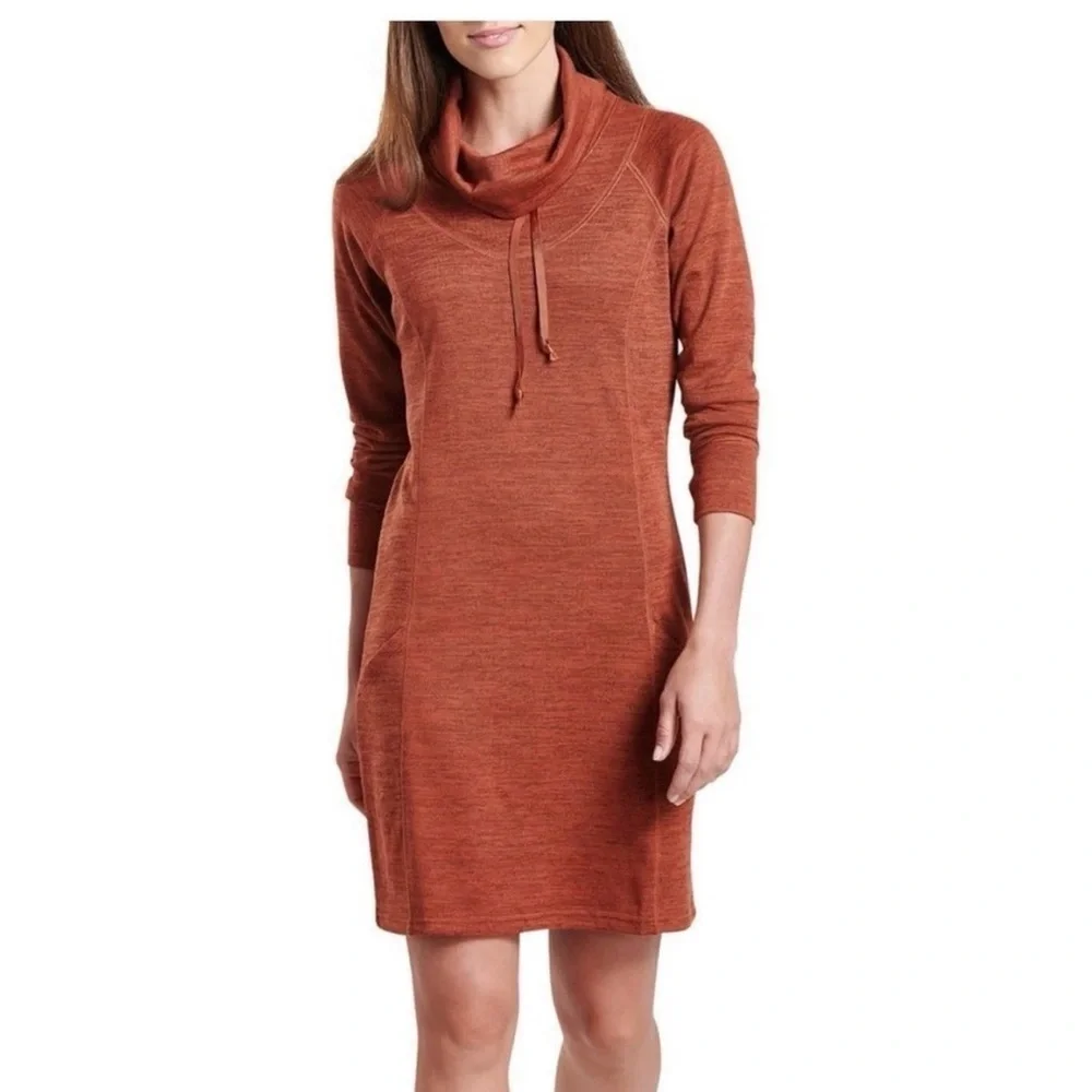 Kuhl LÉA Dress Cowl Neck Drawcord Thumb Holes Pocket Rust Brown Size S